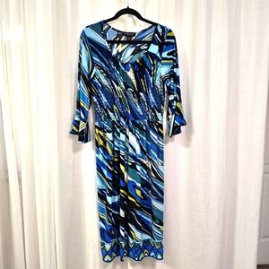 2/$30 Blue‎ & Yellow Abstract Print Midi Dress Plus Sz 2X Smocked Waist